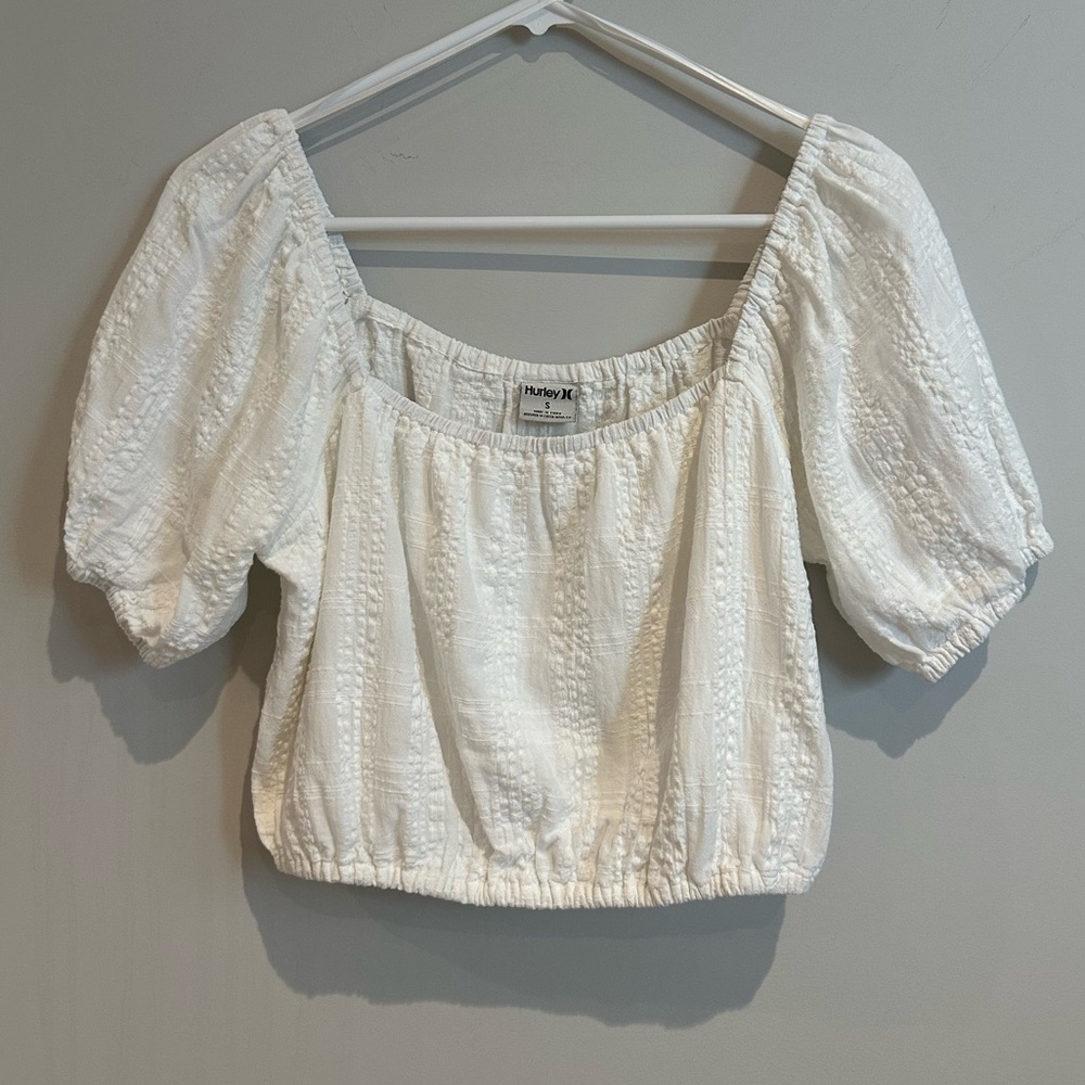 Hurley Women’s White Puff Sleeve Textured Crop Blouse, Size Small